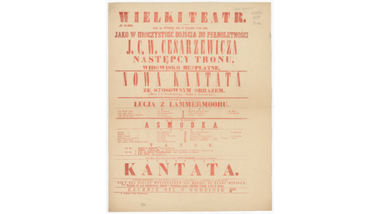 Afisz baletu „Asmodea” z 20 IX 1859 z Antonim Tarnowskim w roli Hrabiego Leonarda, Teatr Wielki, Polona