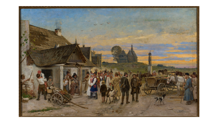 Antoni Kozakiewicz, „Przed karczmą – Wesele”, druga połowa XIX wieku, Cyfrowe Muzeum Narodowe w Warszawie.