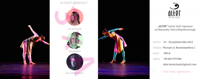 Zdjęcie: Poznań/ALTER taniec teatr: Warsztaty tańca współczesnego – Prowadzenie: Anna Achimowicz, Anna Beker, Anna Krysiak